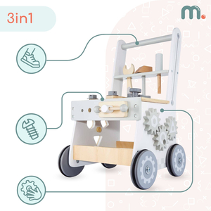 3-i-1 gåvogn, skubber + værksted i træ - 47 elementer