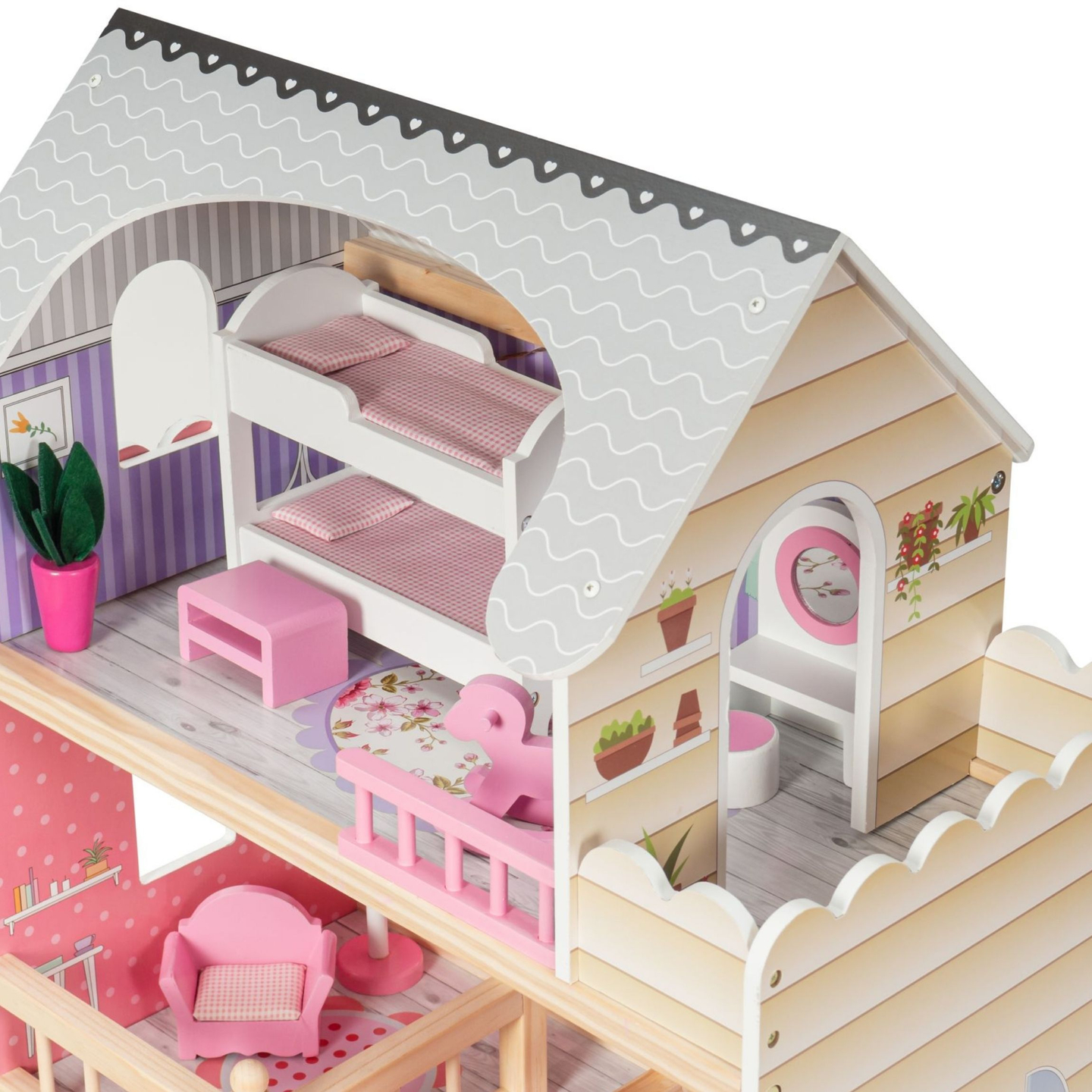 Stort dukkehus i træ med 3 etager, terrasse, møbelsæt og LED-belysning!