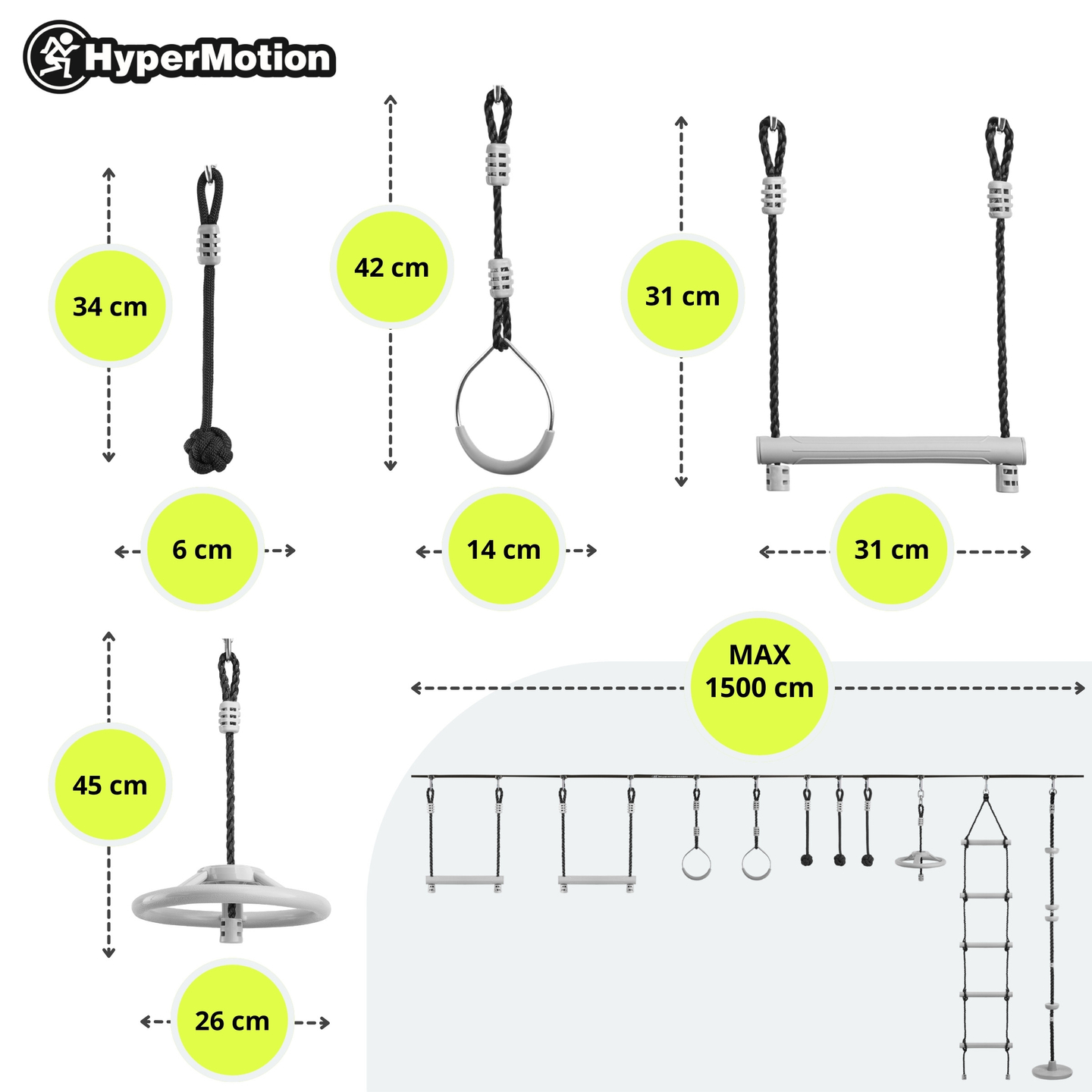 Ninja-forhindringsbane til børn - HyperMotion slackline-sæt - 10 forhindringer