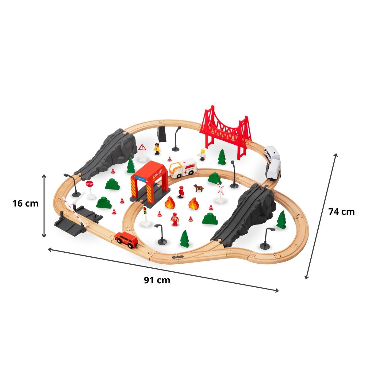Træbane, batteridrevet tog - Brandvæsen, spor, biler, broer, barriere