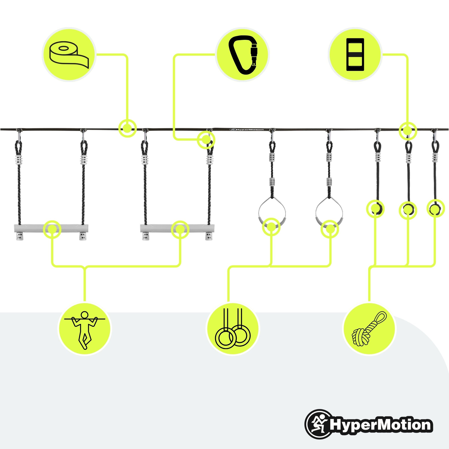 Ninja-forhindringsbane til børn - HyperMotion slackline-sæt - 7 forhindringer