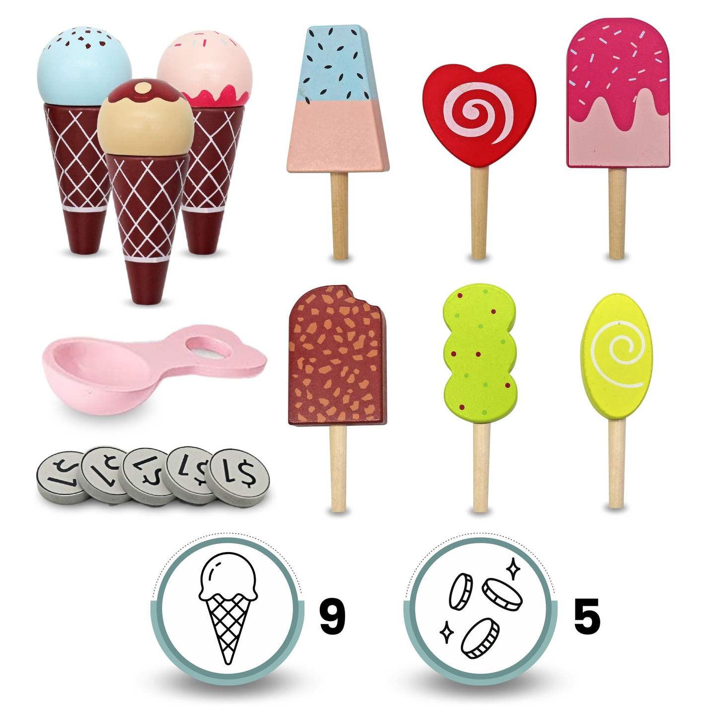 Træisbar til børn - vogn på hjul med tilbehør