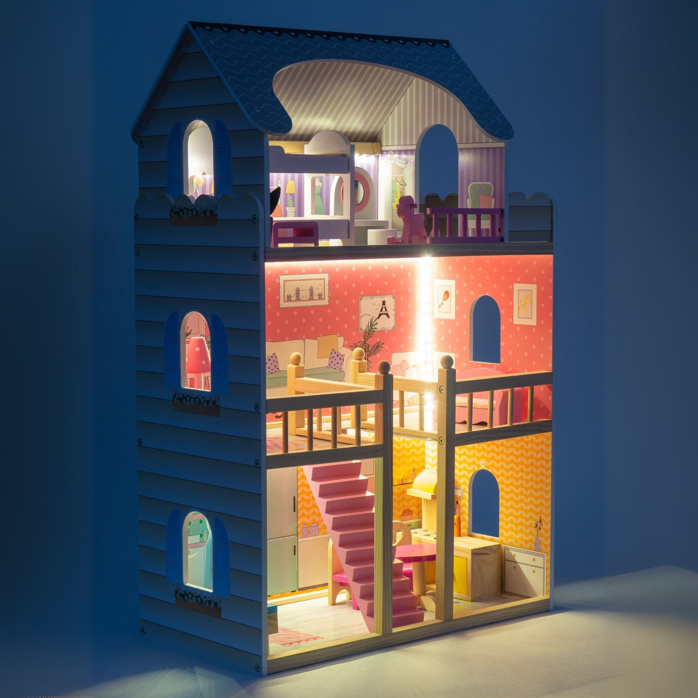 Stort dukkehus i træ med 3 etager, terrasse, møbelsæt og LED-belysning!