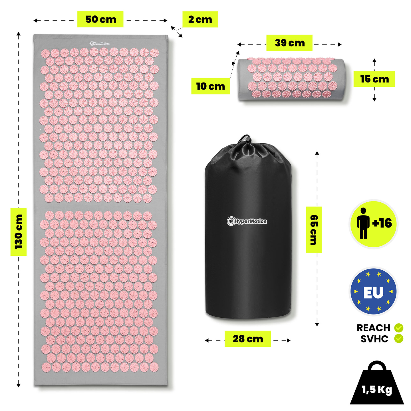 Stor akupressurmåtte med pude og betræk - 130 cm HyperMotion grå og pink