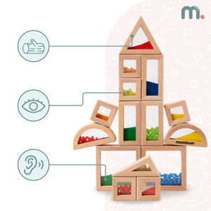 Sæt med sanseklodser af træ med forskelligt fyld - 15 stk