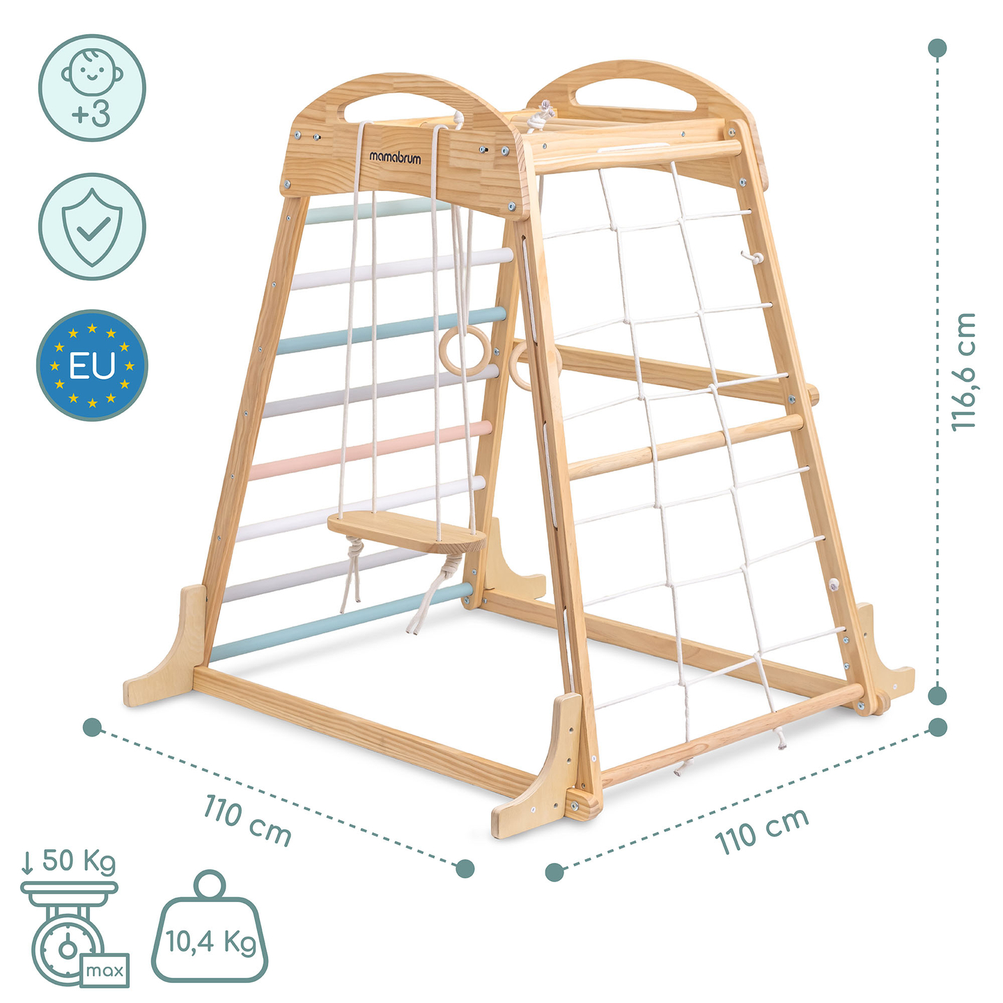 Indendørs legeplads i træ med gynge, gymnastikringe og klatrenet