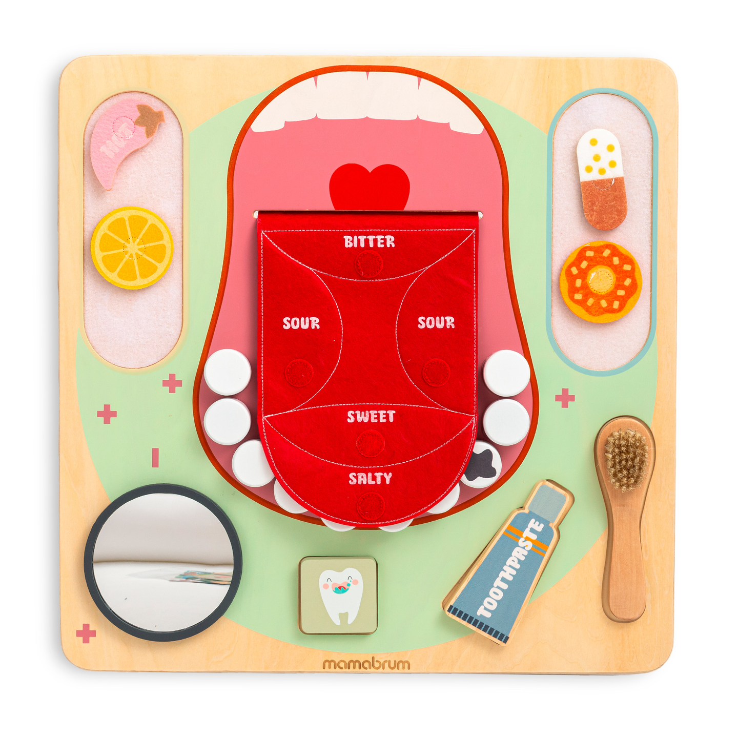 Træ Montessori pædagogisk tavle Lille tandlæge - tandbørste, tandpasta, aftagelige tænder, spejl, mad, læringssmag