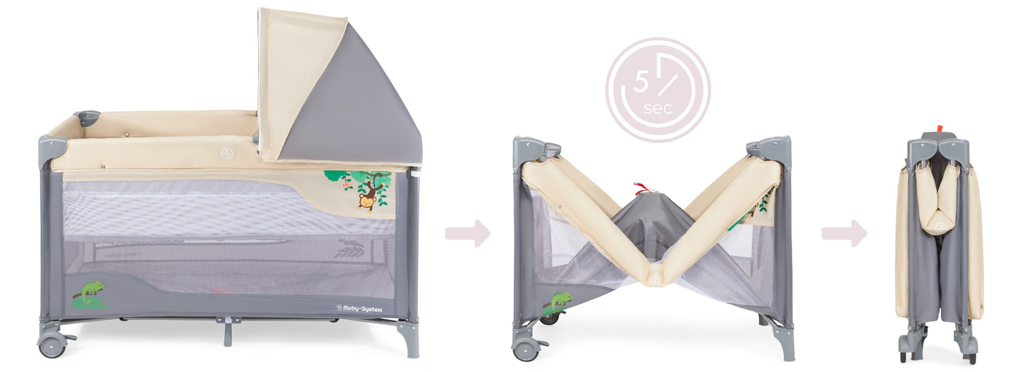 Rejseseng 0 - 36 m med puslebord + Moby-System HUXLEY kravlegård