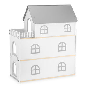 Hvidt dukkehus i træ med terrasse og tilbehør