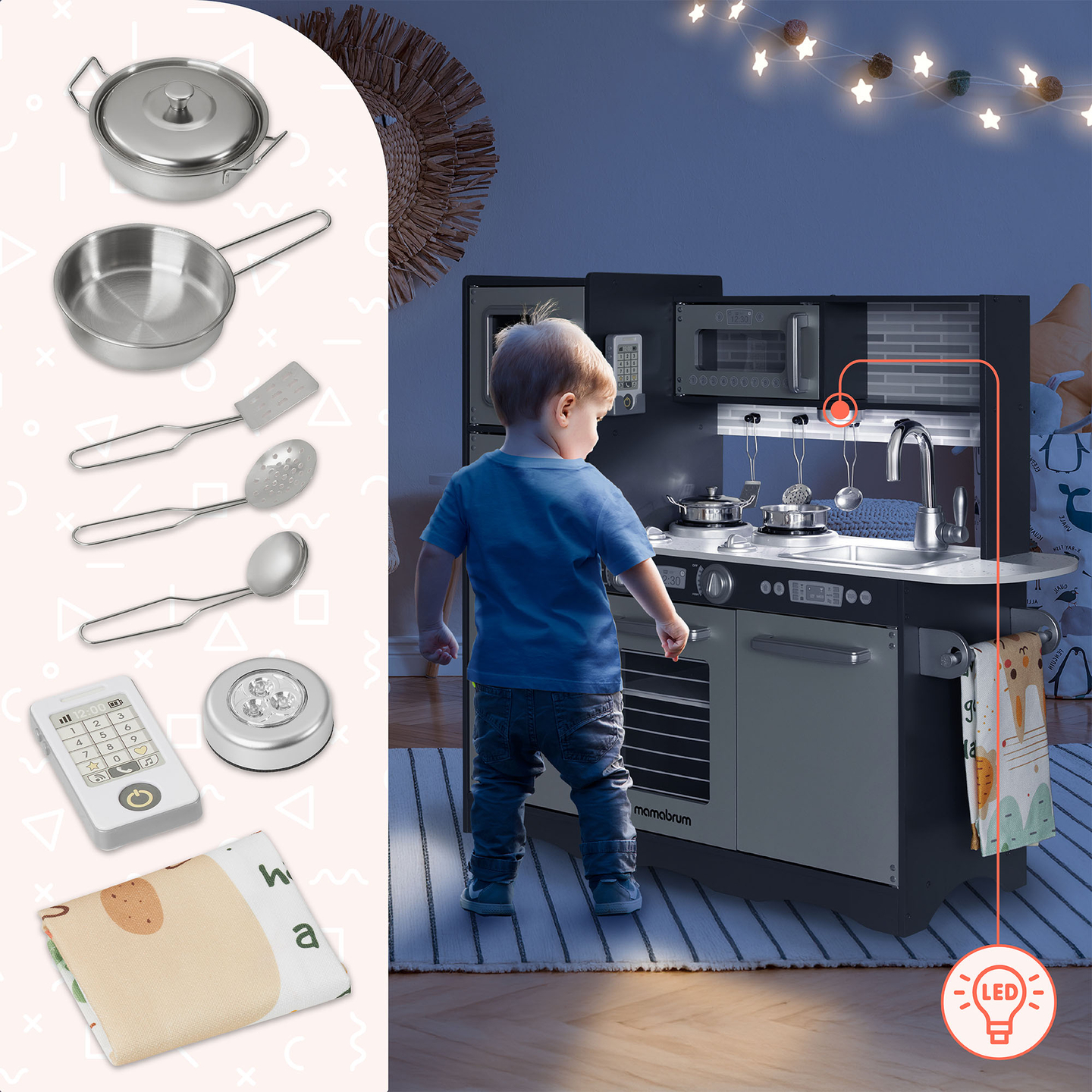 XXL-trækøkken med LED-belysning, forklæde og tilbehør