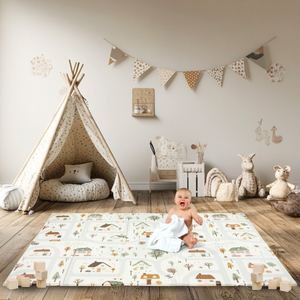 Dobbeltsidet foldbar skummåtte 180 x 120 x 1 cm - Charming Town/Sand Beige