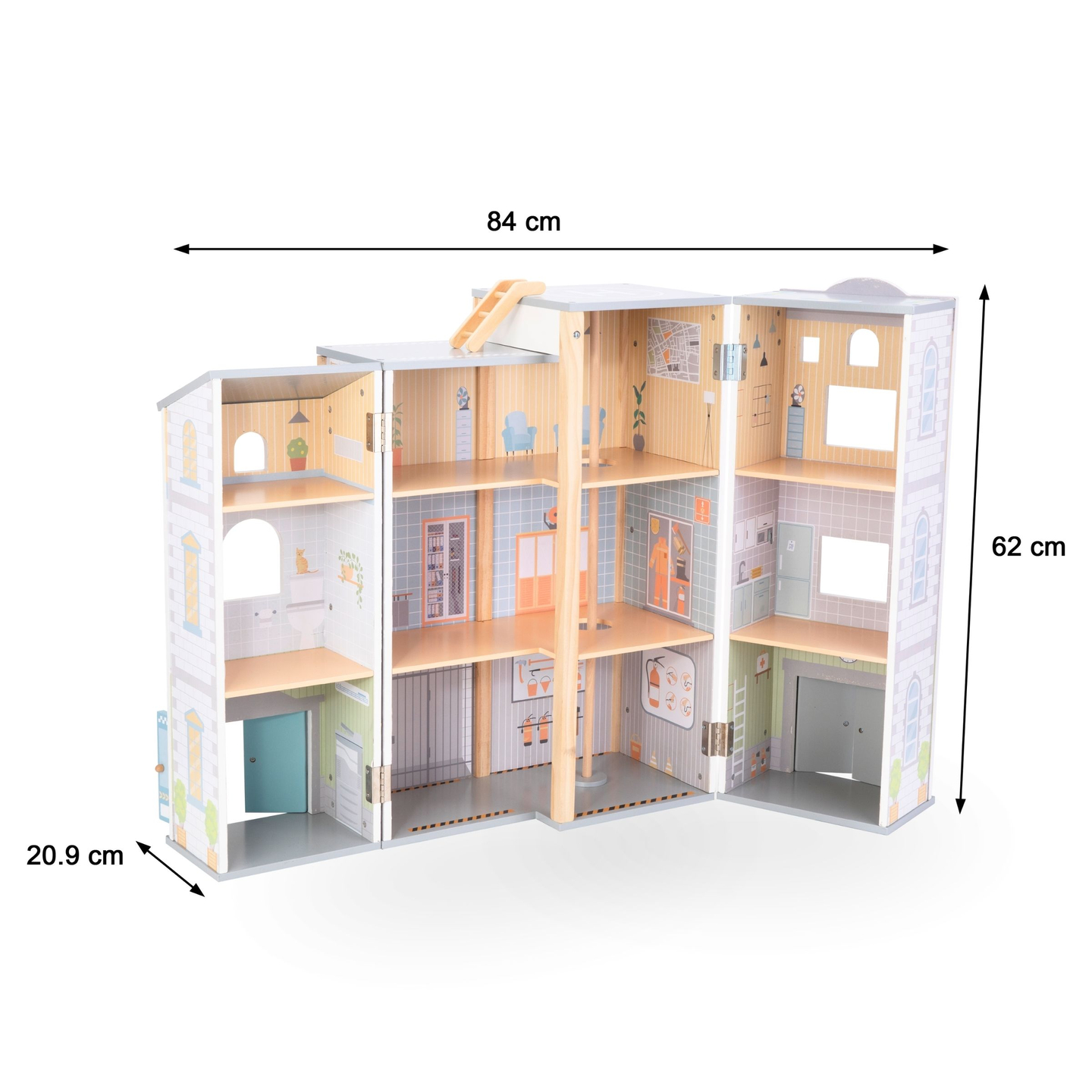 Stor sammenklappelig brandstation med politistation - sæt i træ. Brandstation og politistation med tilbehør.