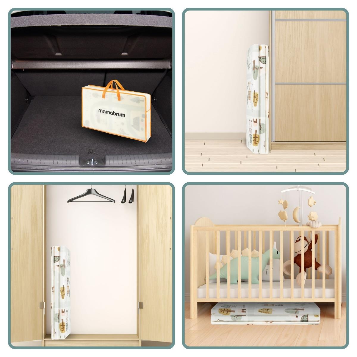 Dobbeltsidet foldbar skummåtte 180 x 120 x 1 cm - Charming Town/Sand Beige