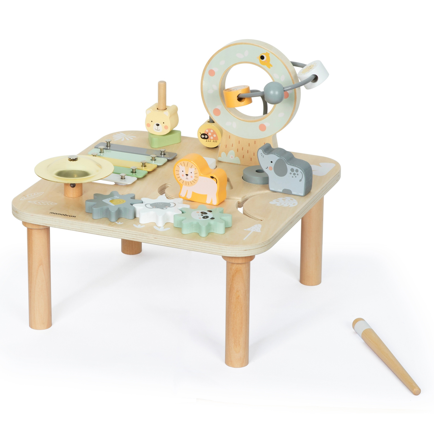 Pædagogisk 7-i-1 musikbord i træ med bækkener og gong - vild jungle