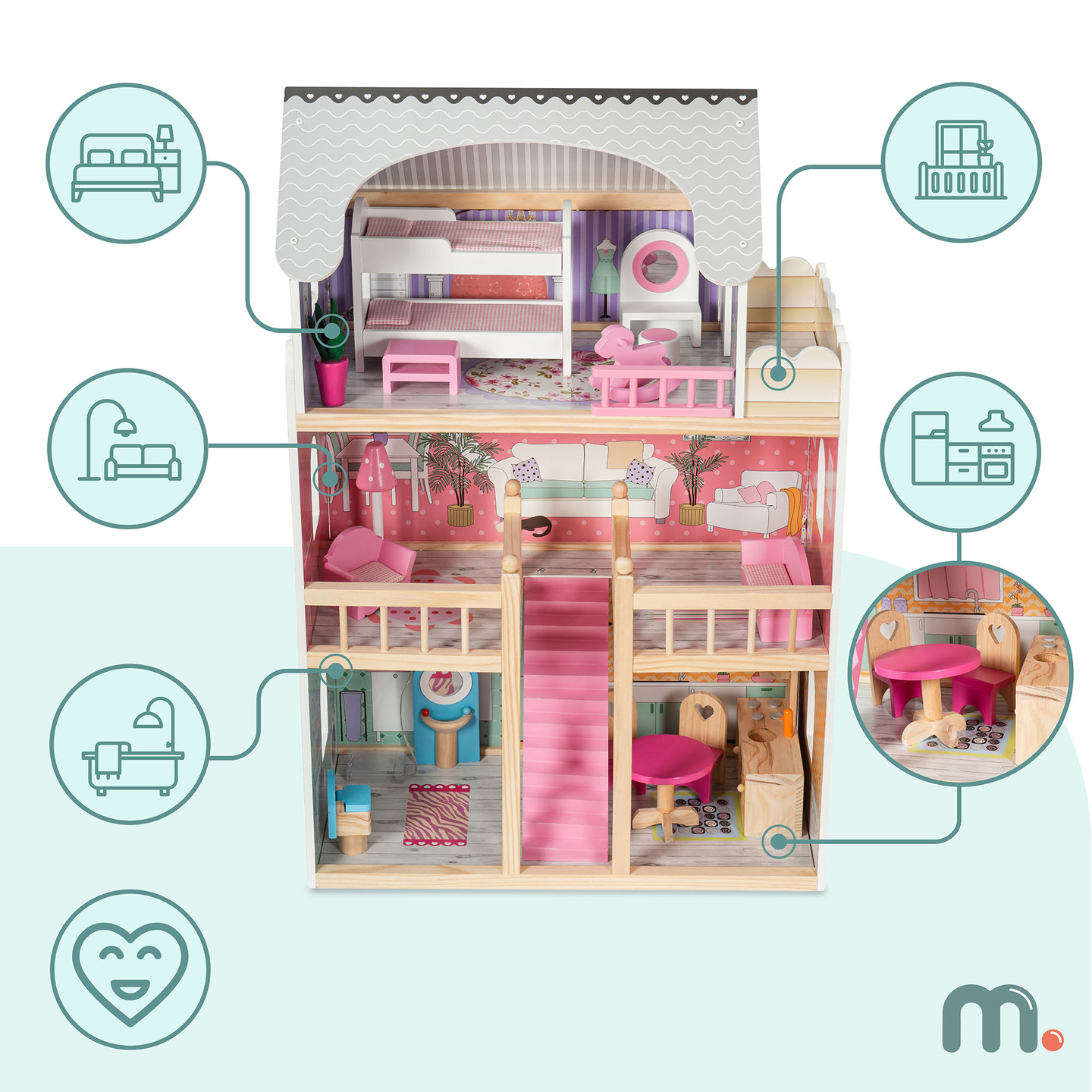 Stort dukkehus i træ med 3 etager, terrasse, møbelsæt og LED-belysning!