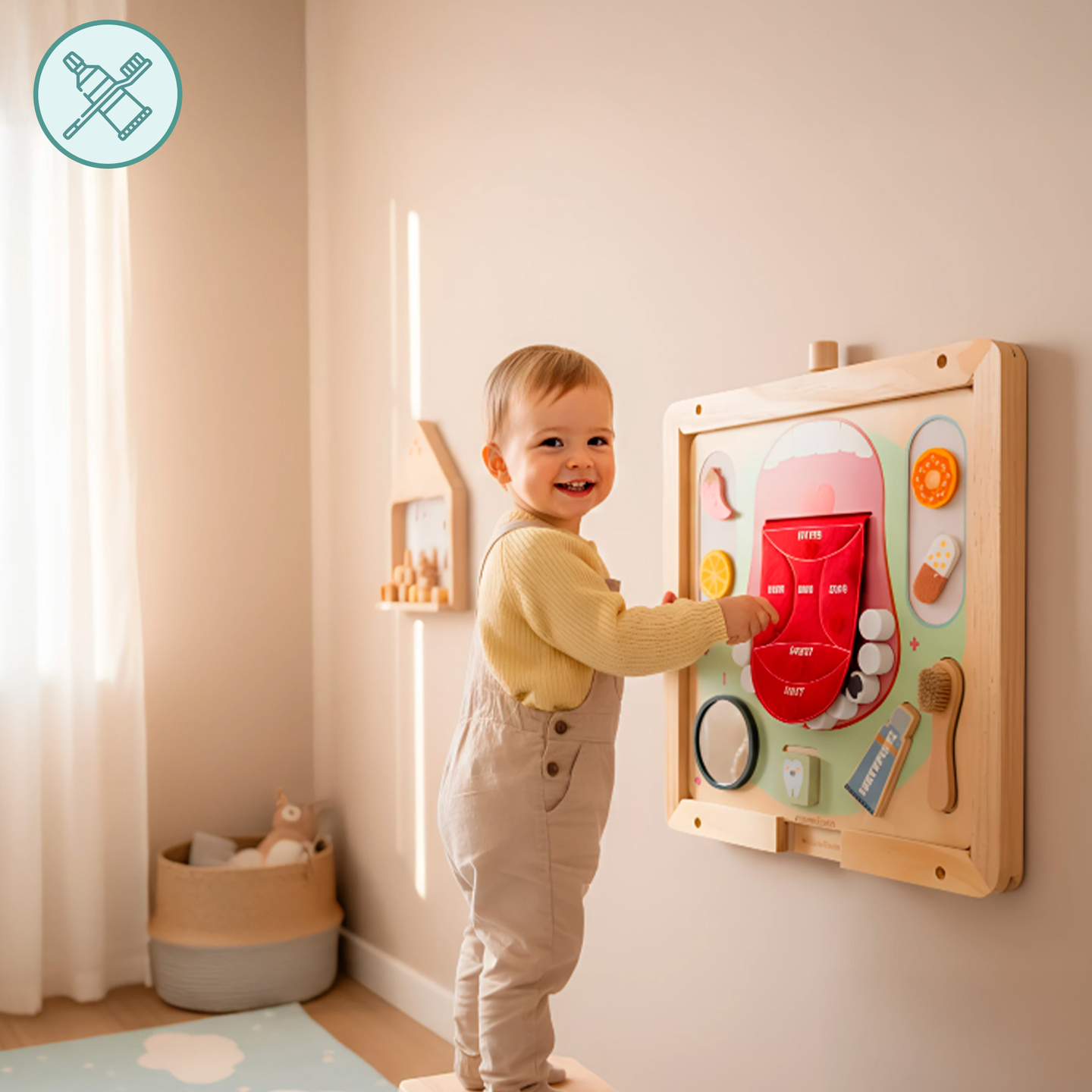 Træ Montessori pædagogisk tavle Lille tandlæge - tandbørste, tandpasta, aftagelige tænder, spejl, mad, læringssmag