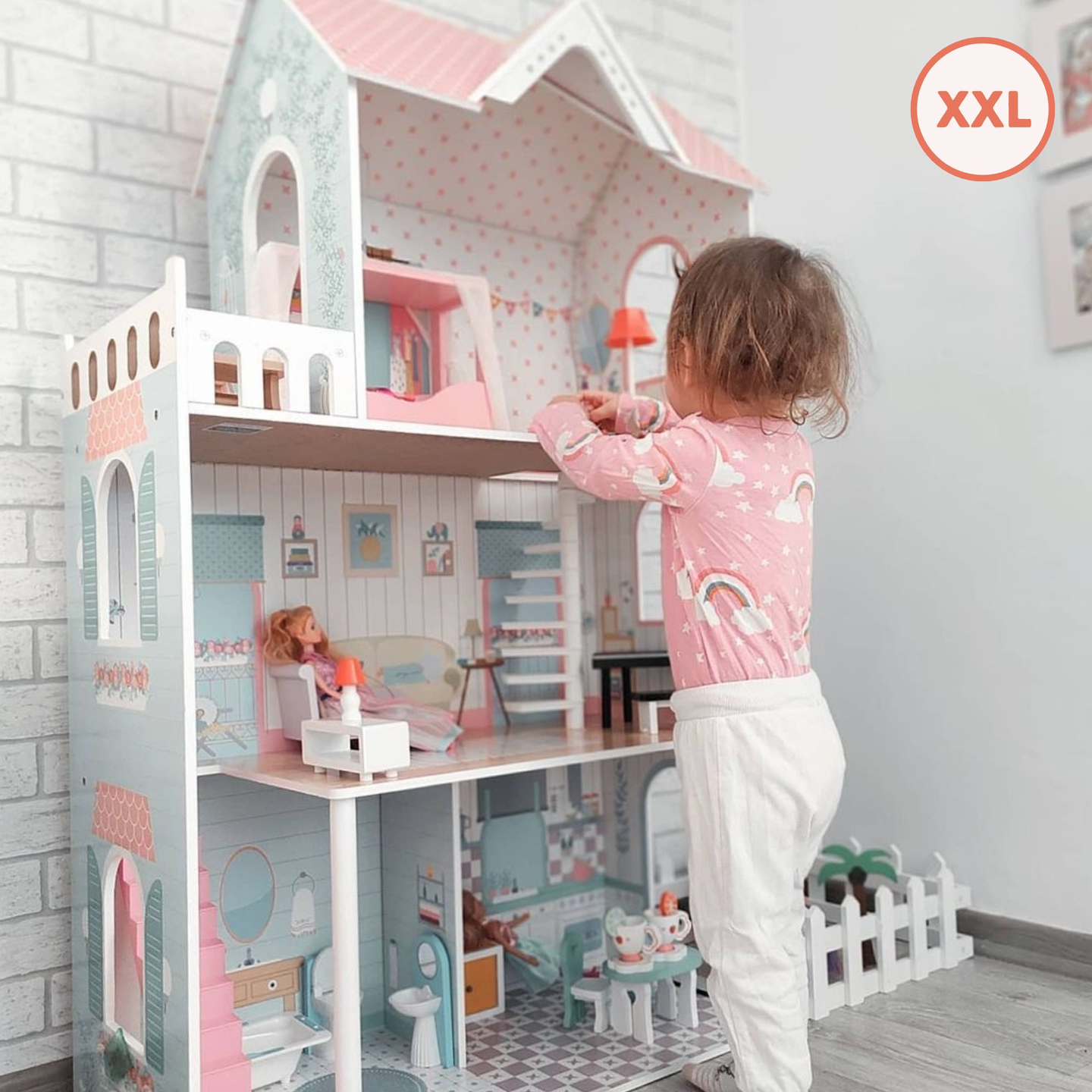 XXL Største dukkehus i træ - 123 cm - LED-belyst - terrasse, tilbehør, have