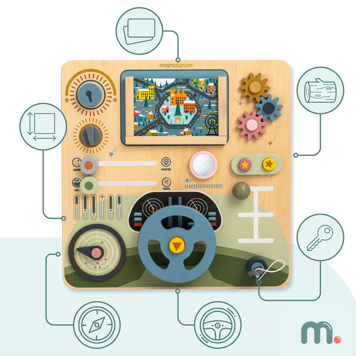 Træ Montessori-bræt 2 i 1 cockpit til den lille chauffør og pilot – rat, gearstang, rejsekort, radar