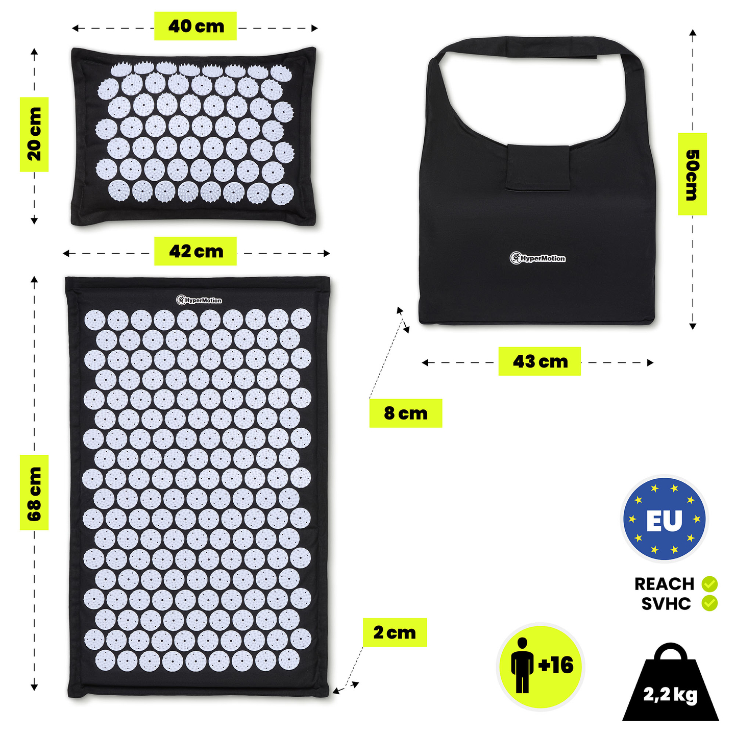 ECO akupressurmåtte i hør med kokosfibre og boghvedepude – 68 cm HyperMotion sort og hvid