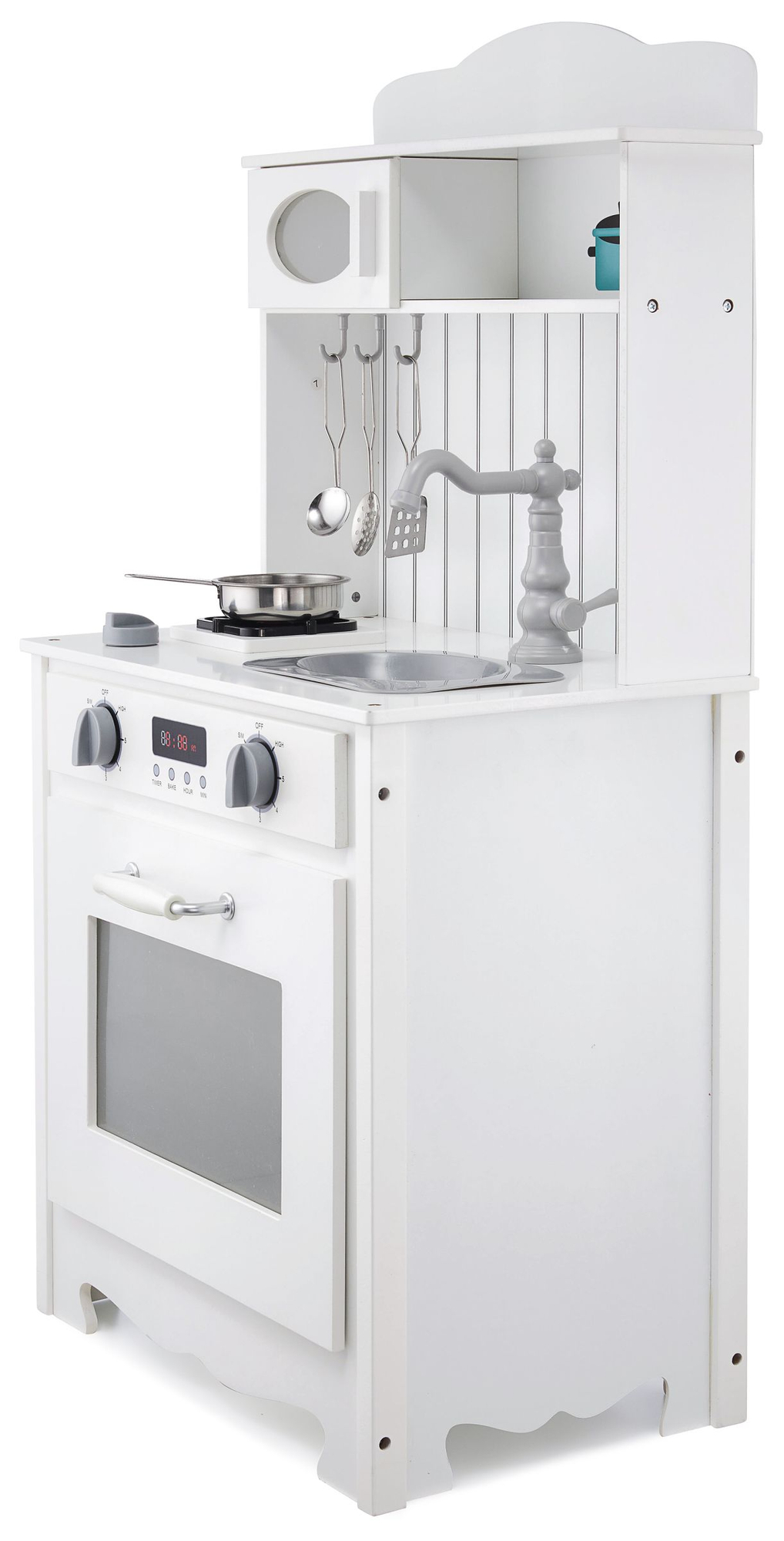 Hvidt trækøkken med forklæde, tilbehør og LED-lampe