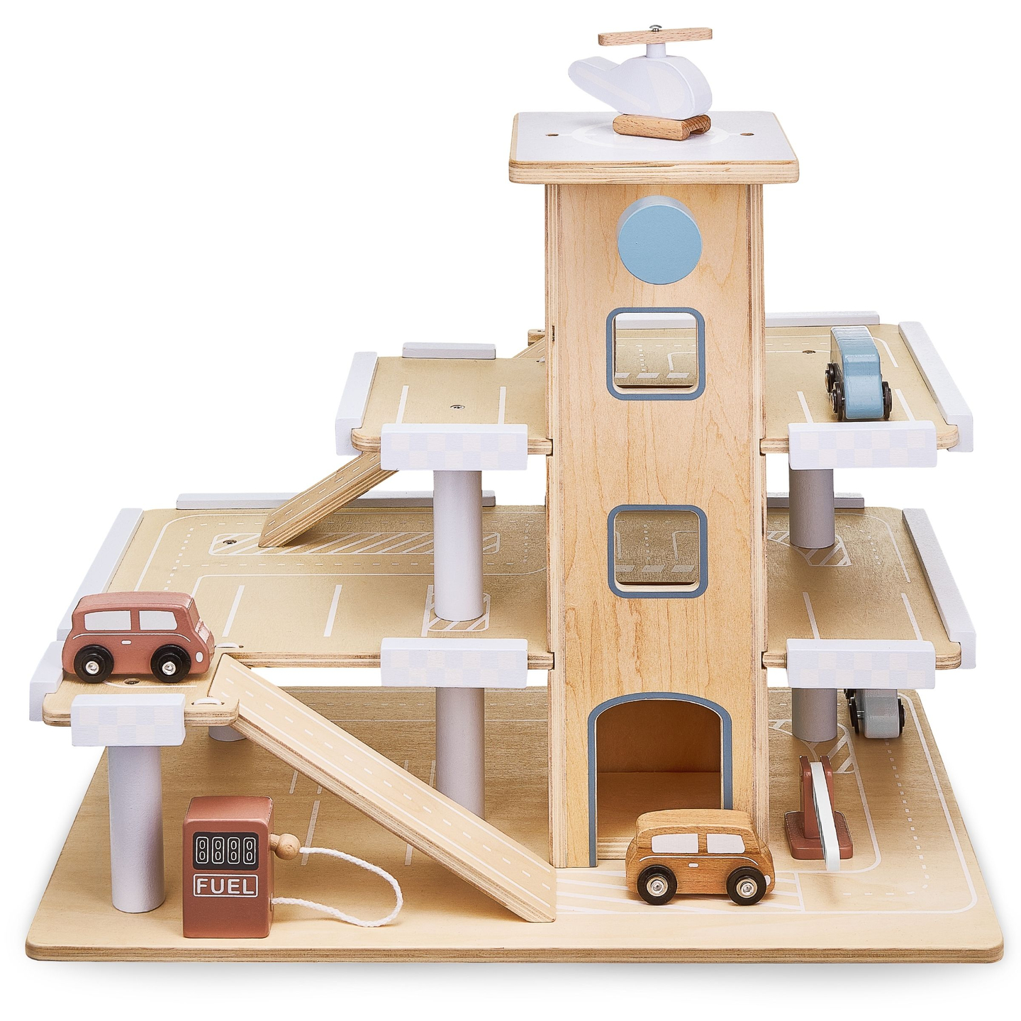 Træparkering i tre etager med elevator - garage med biler og helikopter