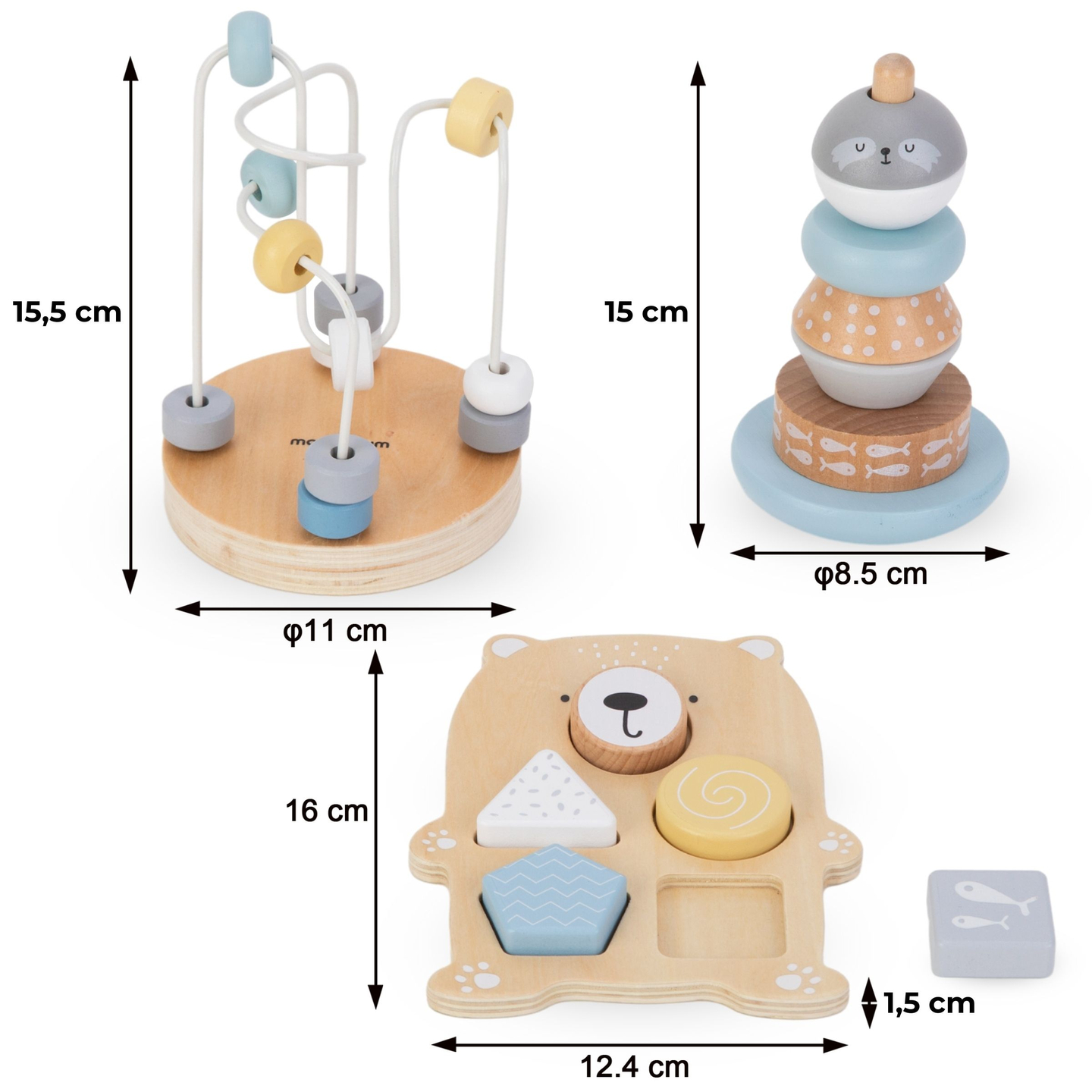 Sæt med trælegetøj - farverig sammenfletning, sælpyramide, bamsesorterer