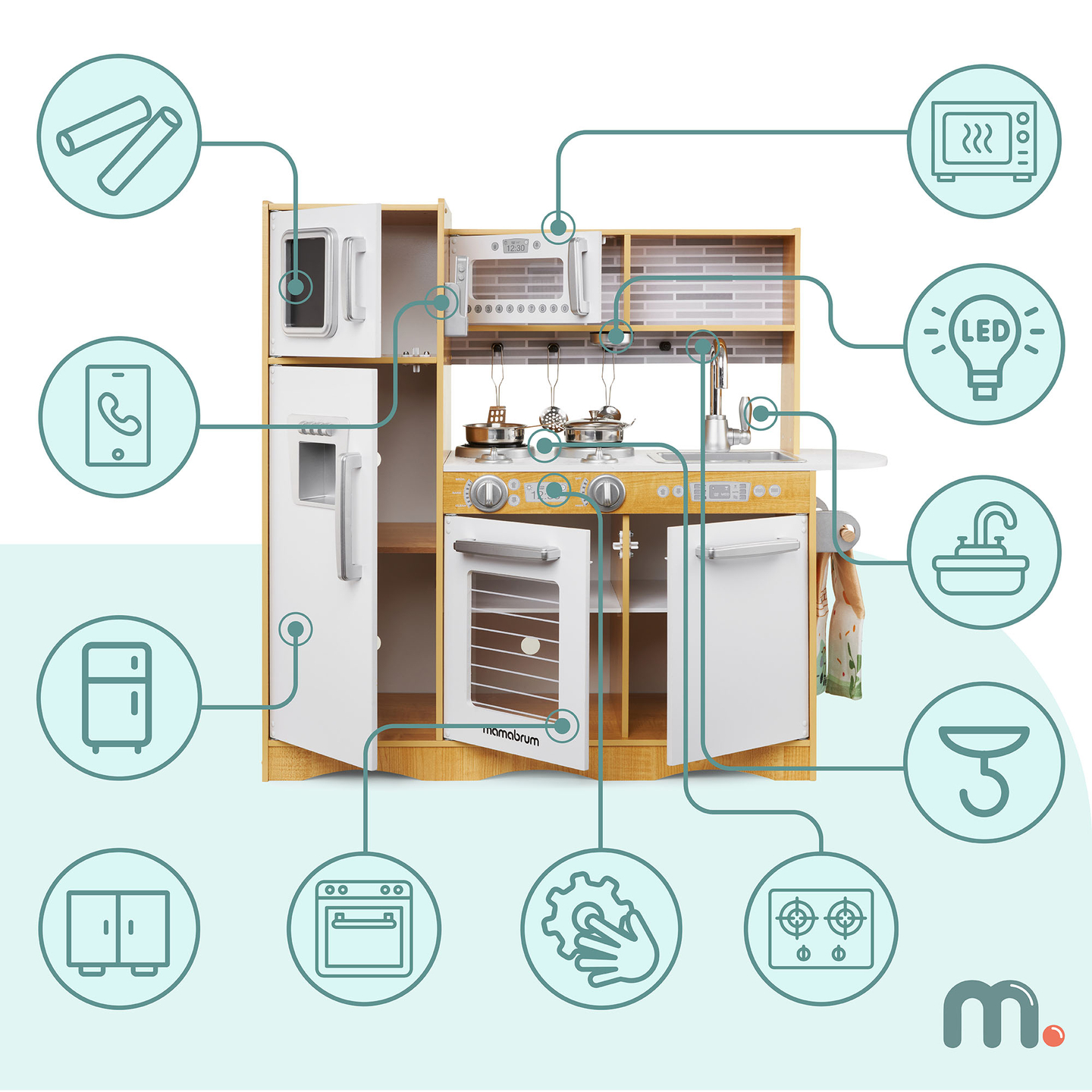 XXL-trækøkken med LED-belysning, forklæde og tilbehør