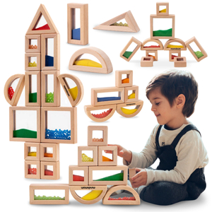 Sæt med sanseklodser af træ med forskelligt fyld - 15 stk