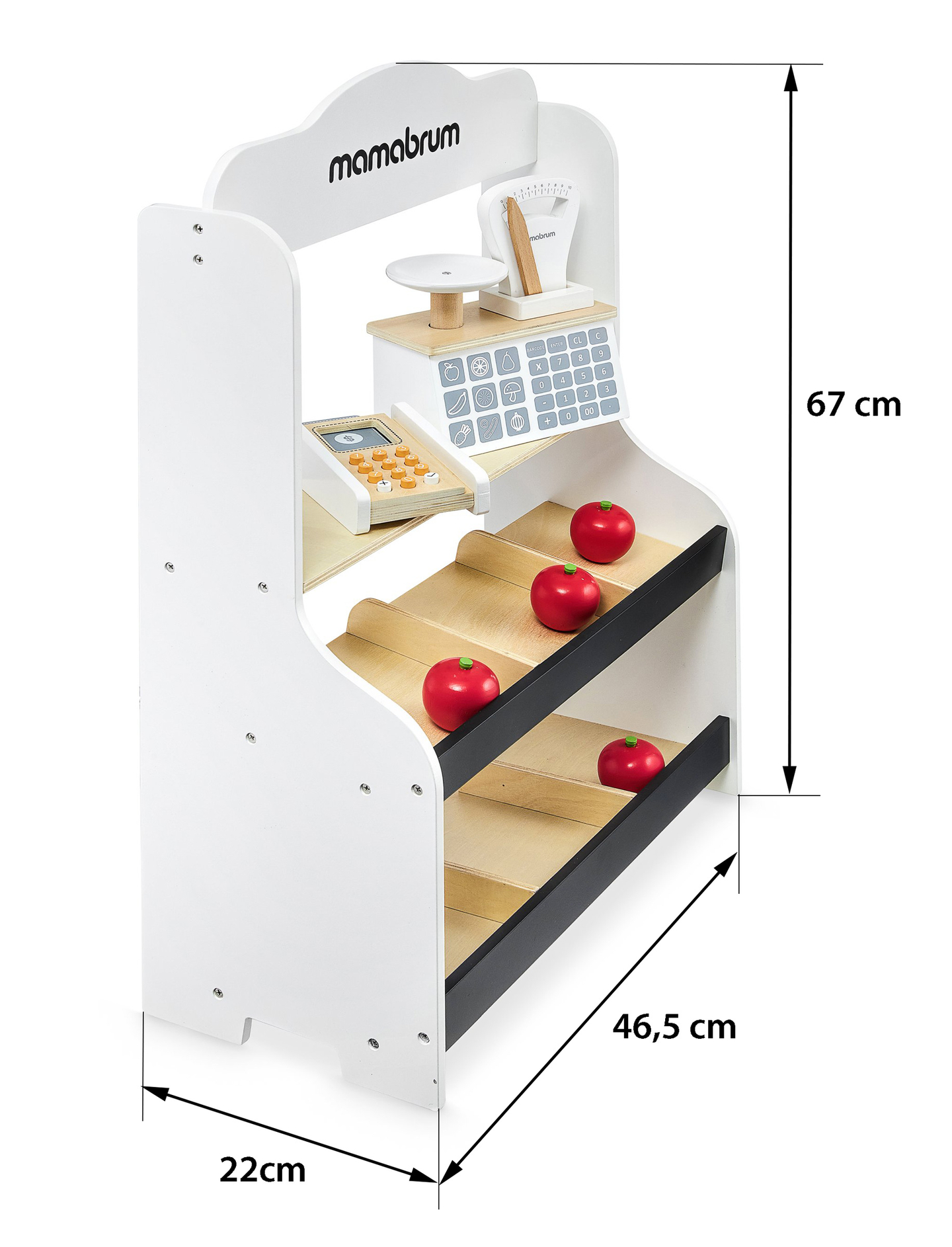 Minimarked - butik med vægte, terminal, betalingskort og frugt