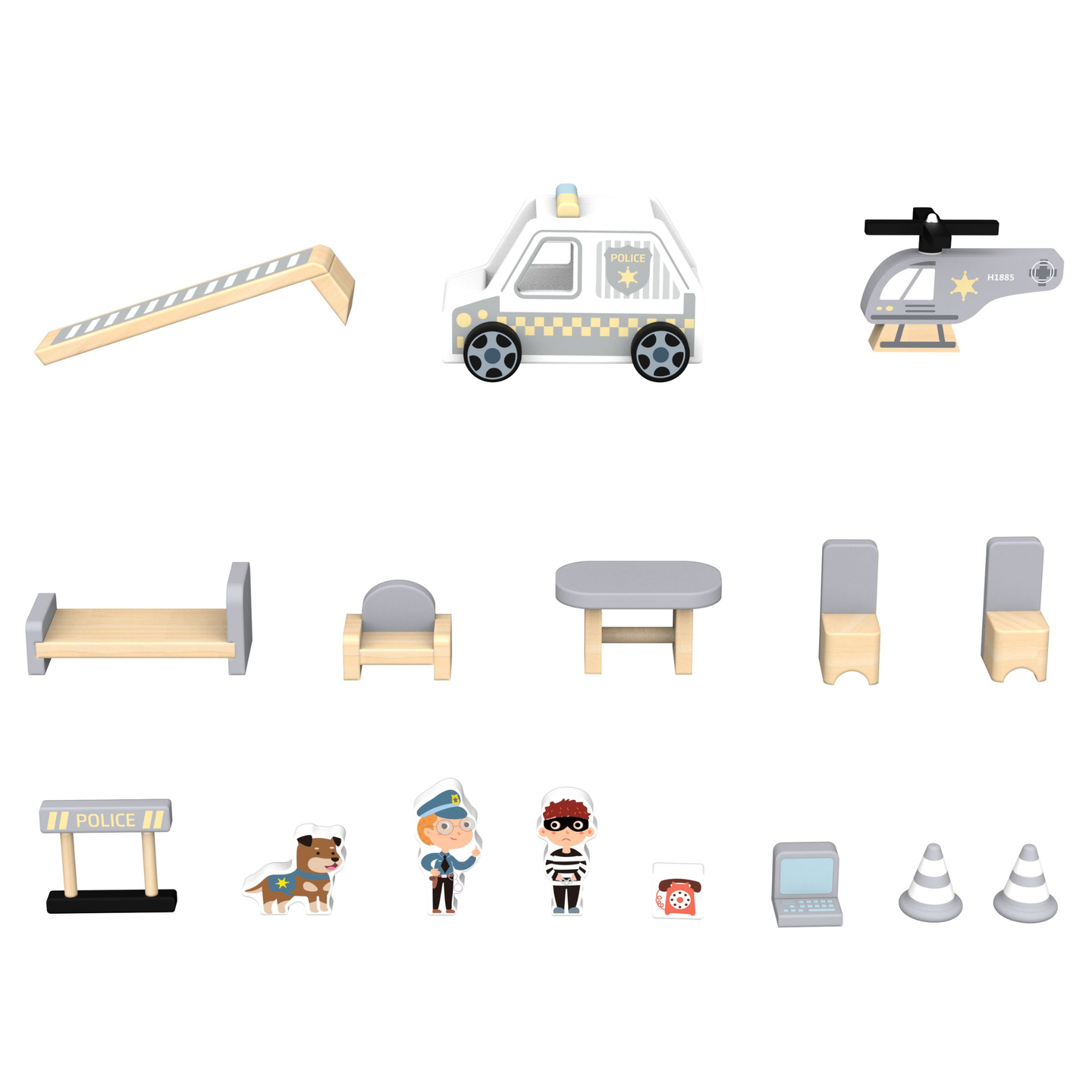 Politistation i træ med tilbehør