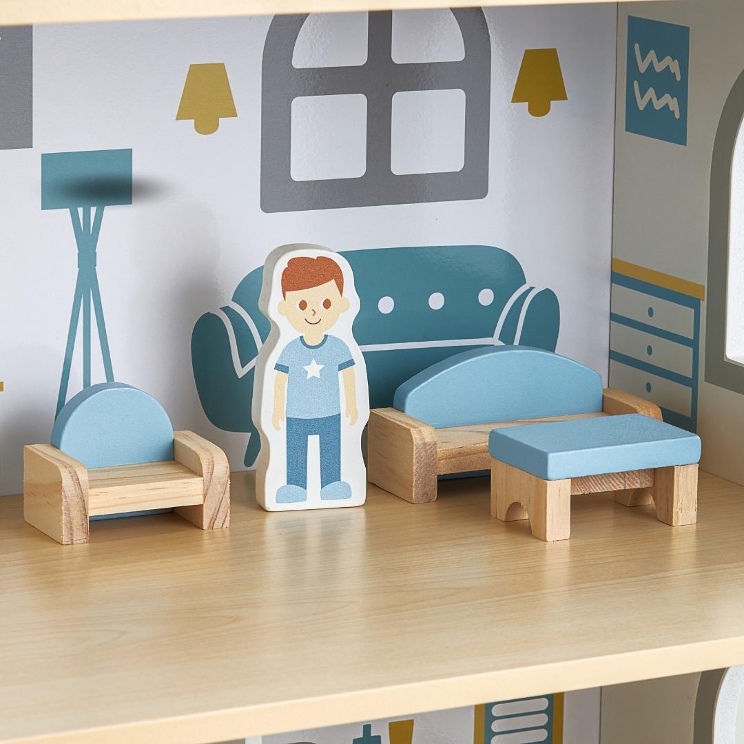 Hvidt dukkehus i træ med terrasse og tilbehør