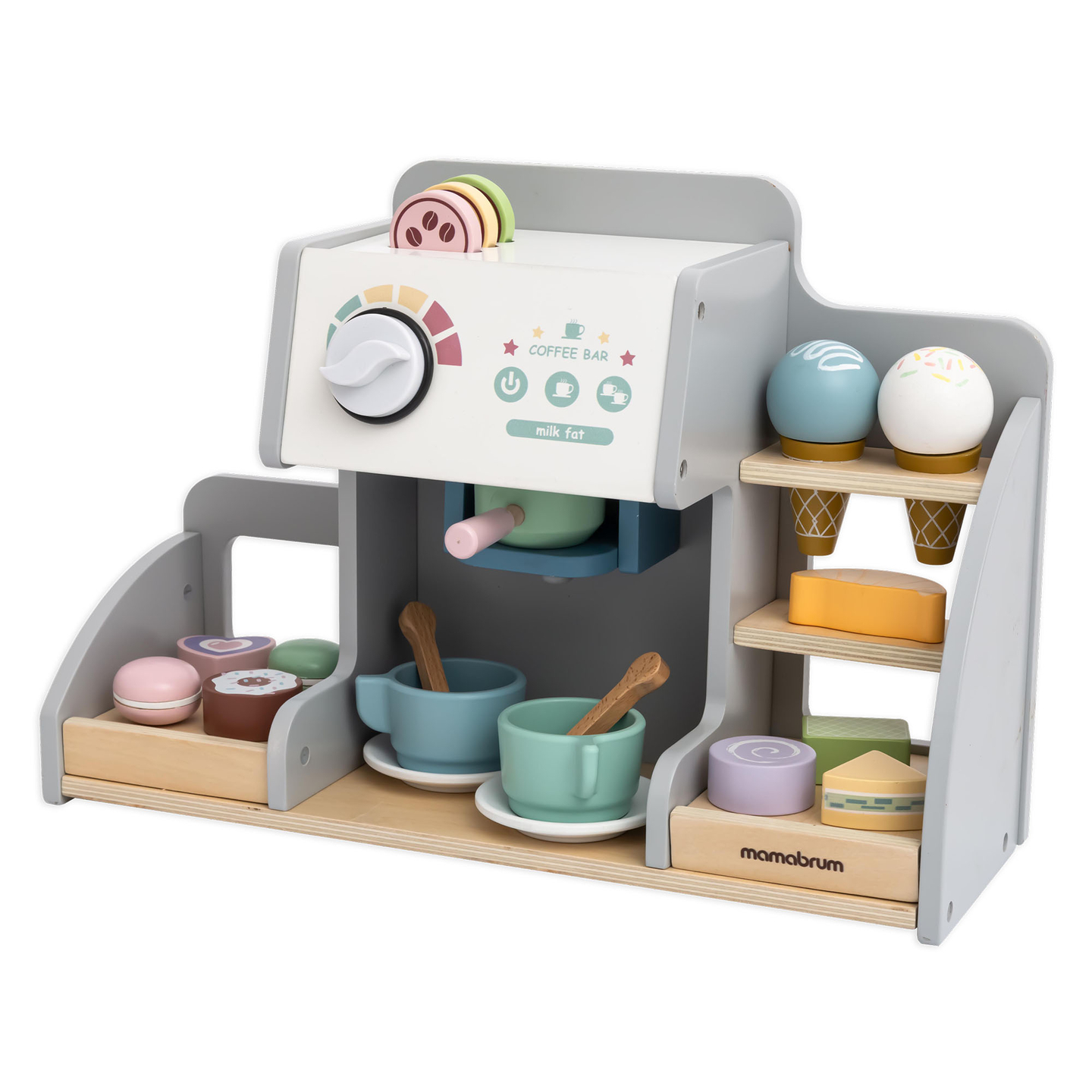 En stor isbar i træ med magnettavle, kaffemaskine og is- og dessertsæt - over 70 dele!