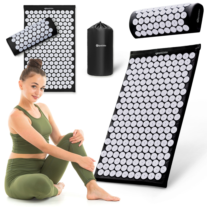 Akupressurmåtte med pude og betræk - 72 cm HyperMotion sort og hvid