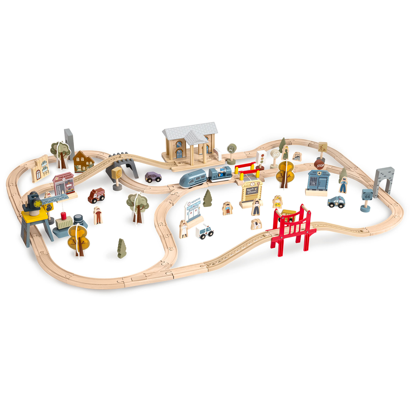 Træbane med elektrisk tog - flyttekran, skib, broer