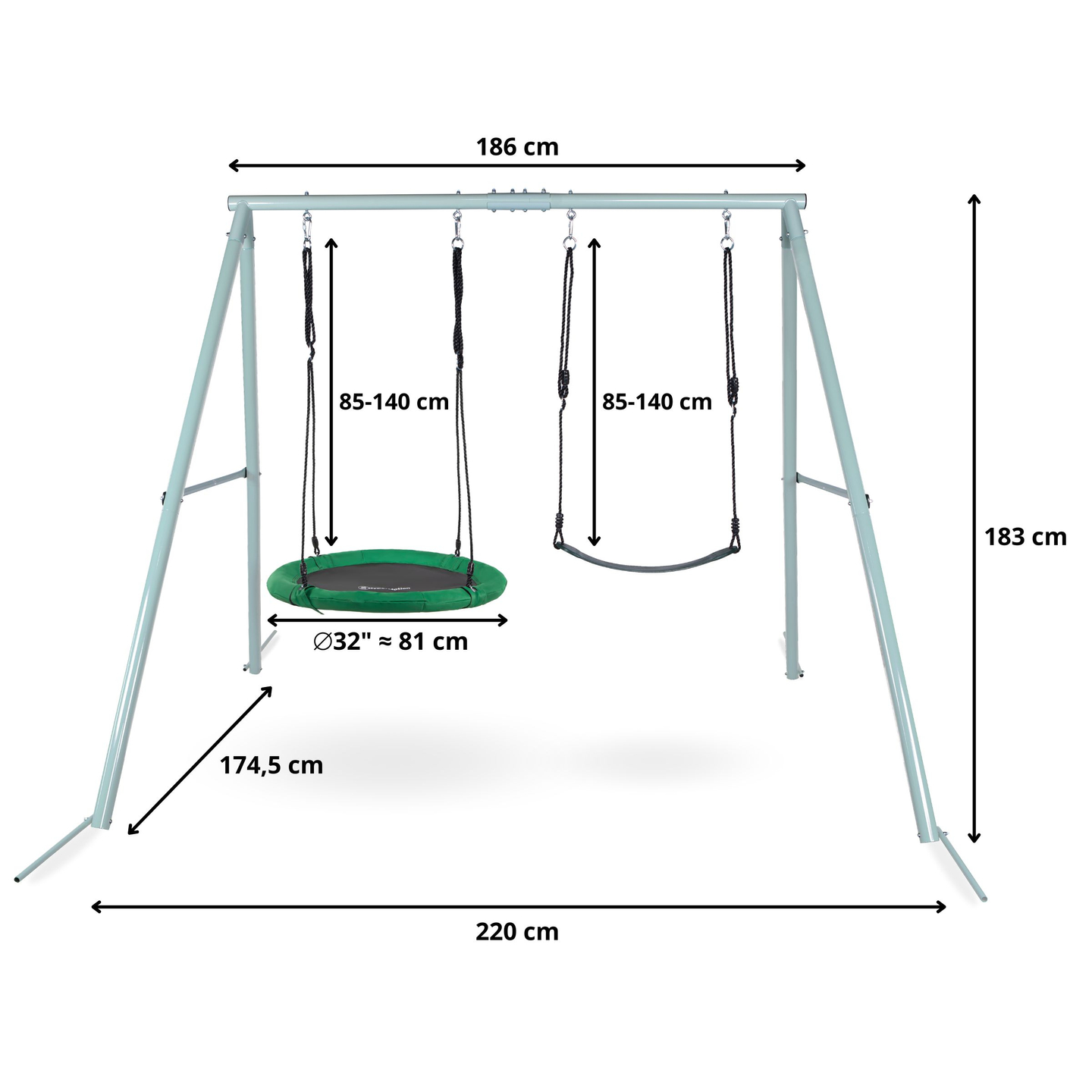 Dobbelt havegynge med stel og reb - sæde og storkerede