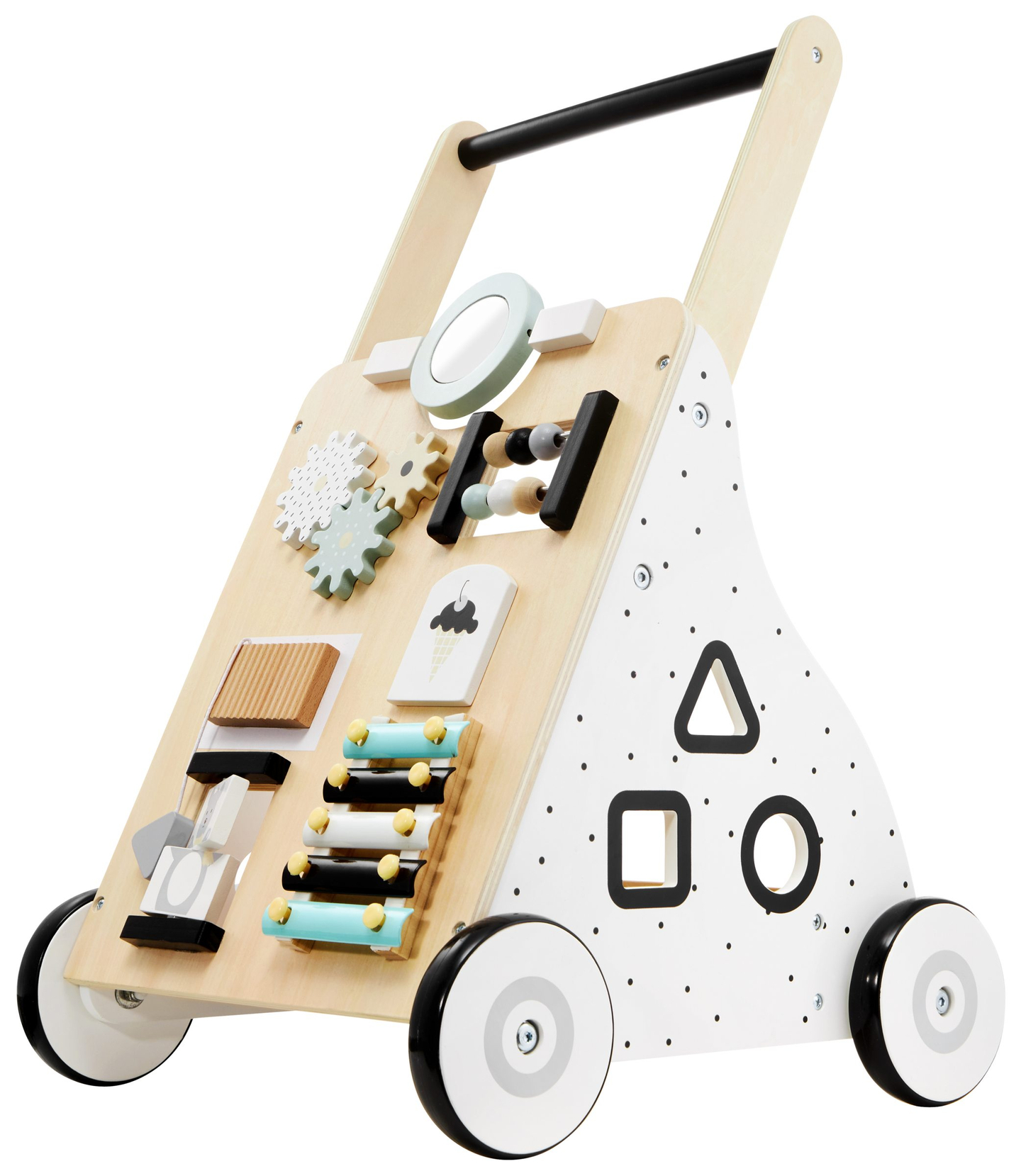 Træ, pædagogisk babywalker / klapvogn - manipulerende bræt