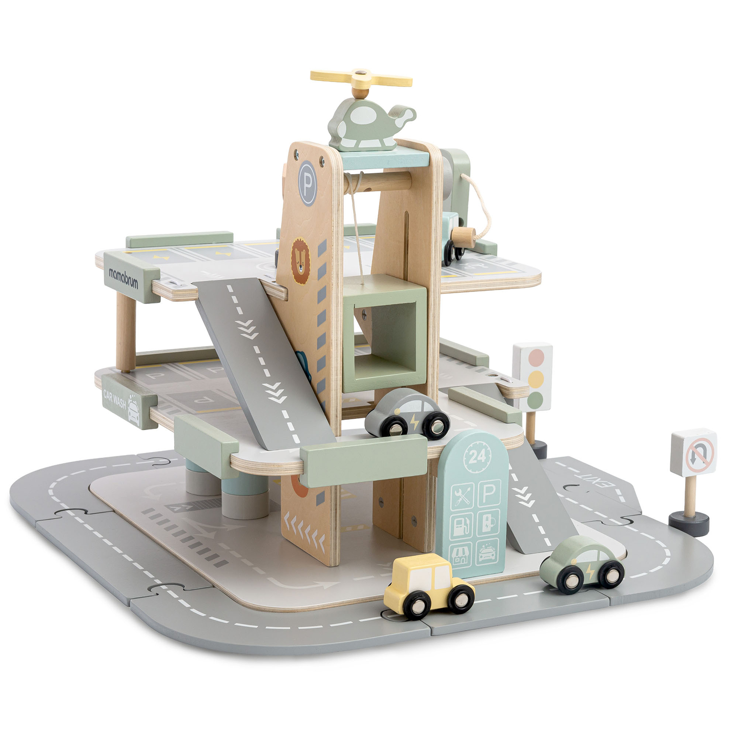 Trægarage i tre etager til børn med tilbehør – parkeringsplads, tankstation, bilvask, helikopter