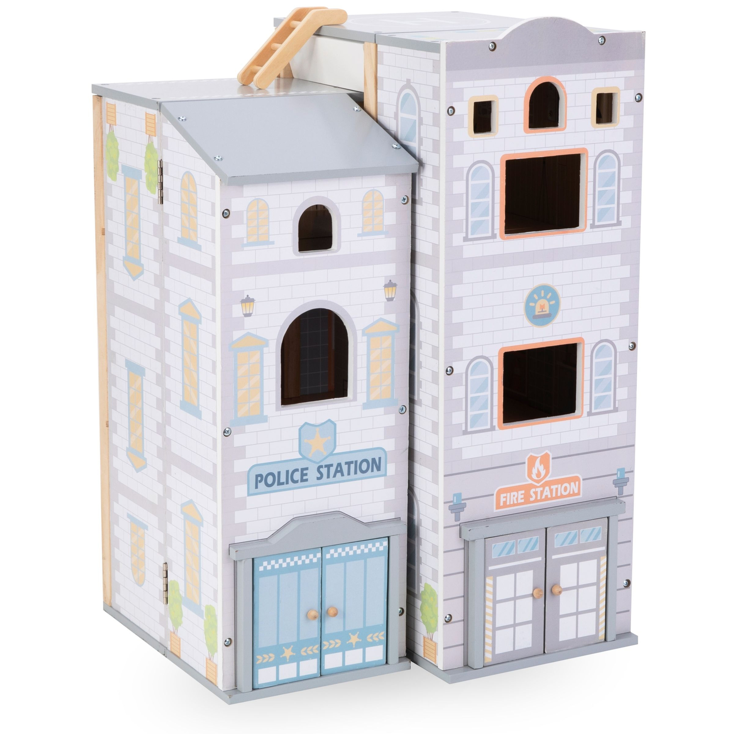 Stor sammenklappelig brandstation med politistation - sæt i træ. Brandstation og politistation med tilbehør.