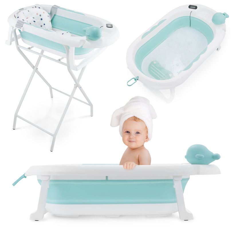Sammenklappeligt babybadekar med termometer, indsats og stativ - mintfarve