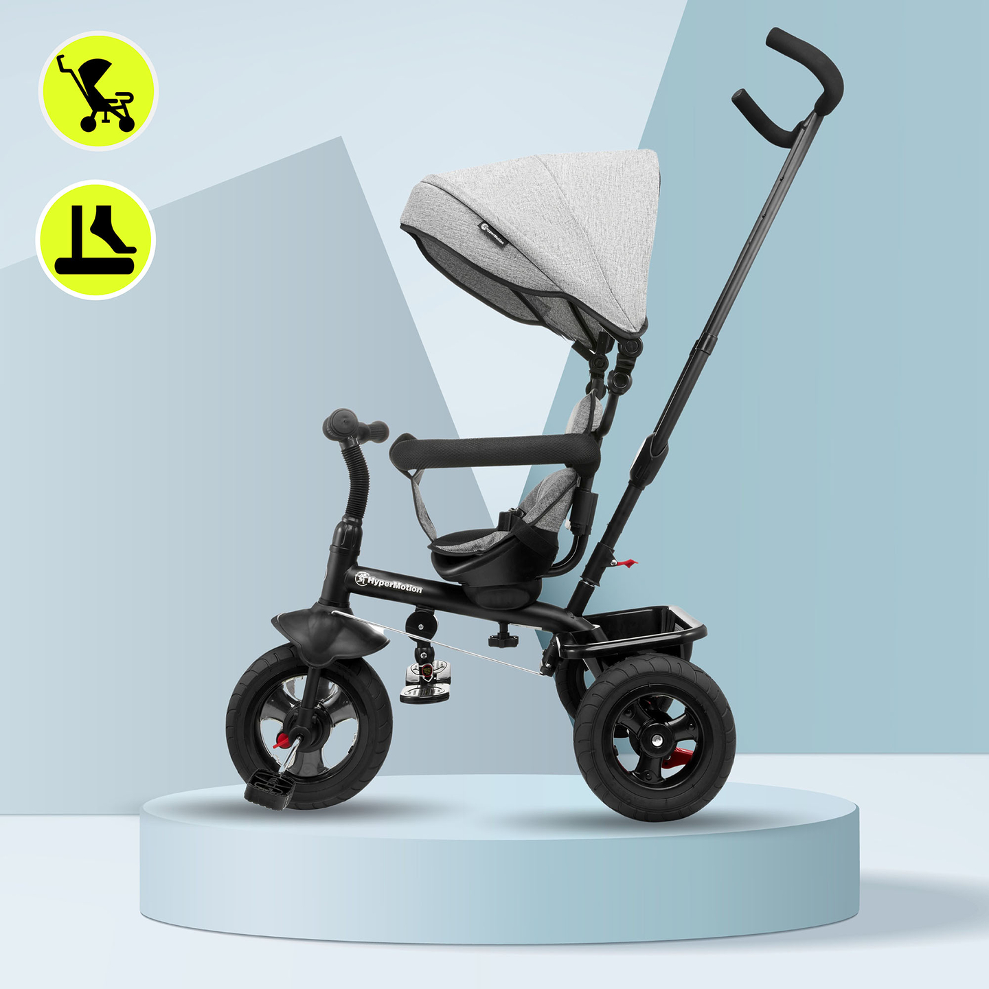 Trehjulet cykel til børn 1-4 år - TOBI FREY - grå farve - drejelig - pumpede hjul + skubber