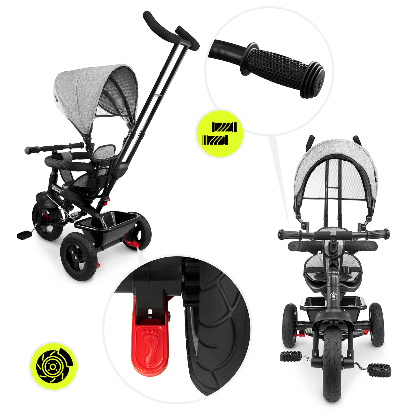 Trehjulet cykel til børn 1-4 år - TOBI FREY - grå farve - drejelig - pumpede hjul + skubber