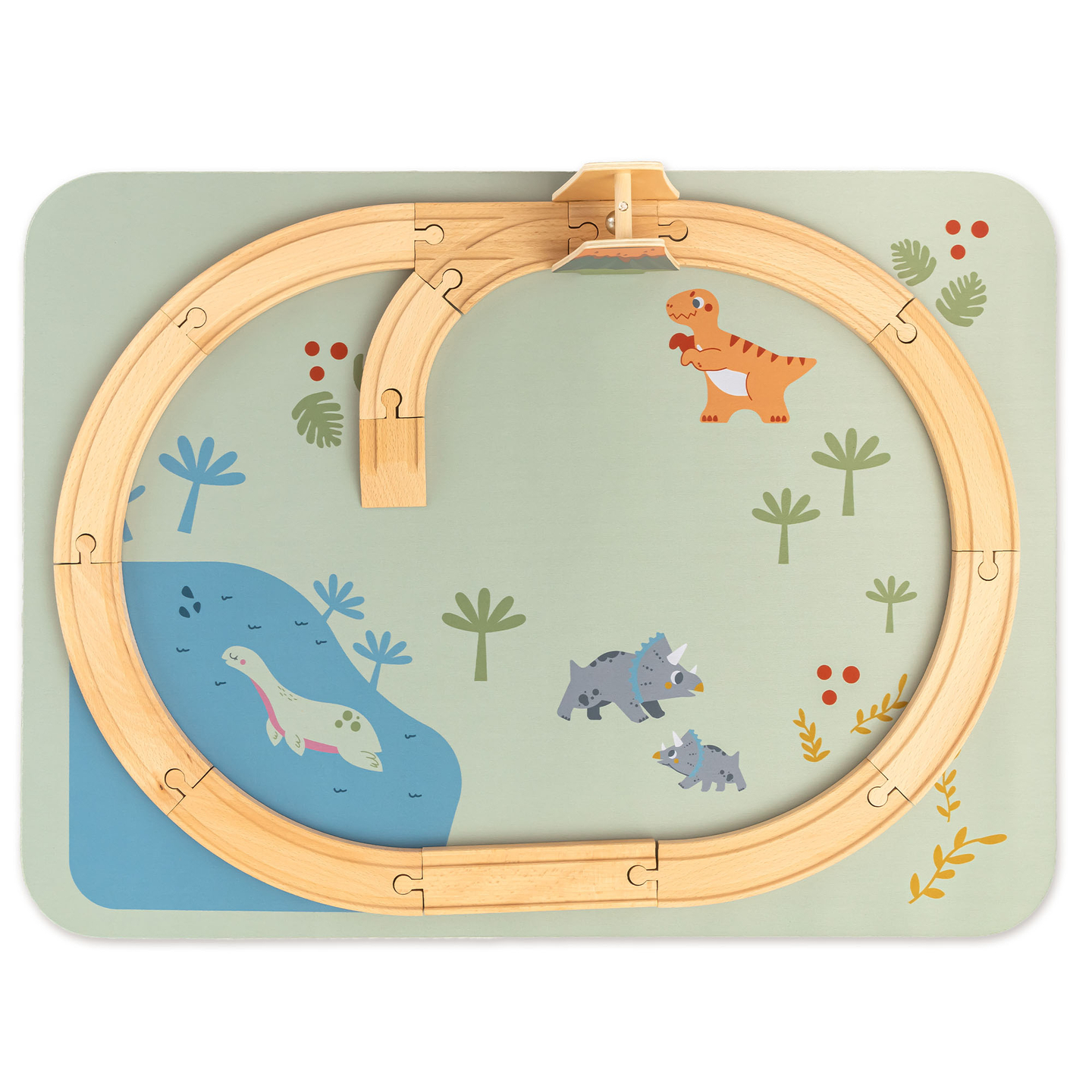 Dino Park trætog med skridsikker måtte - dinosaurer, tog, skinner, vulkan, klokke