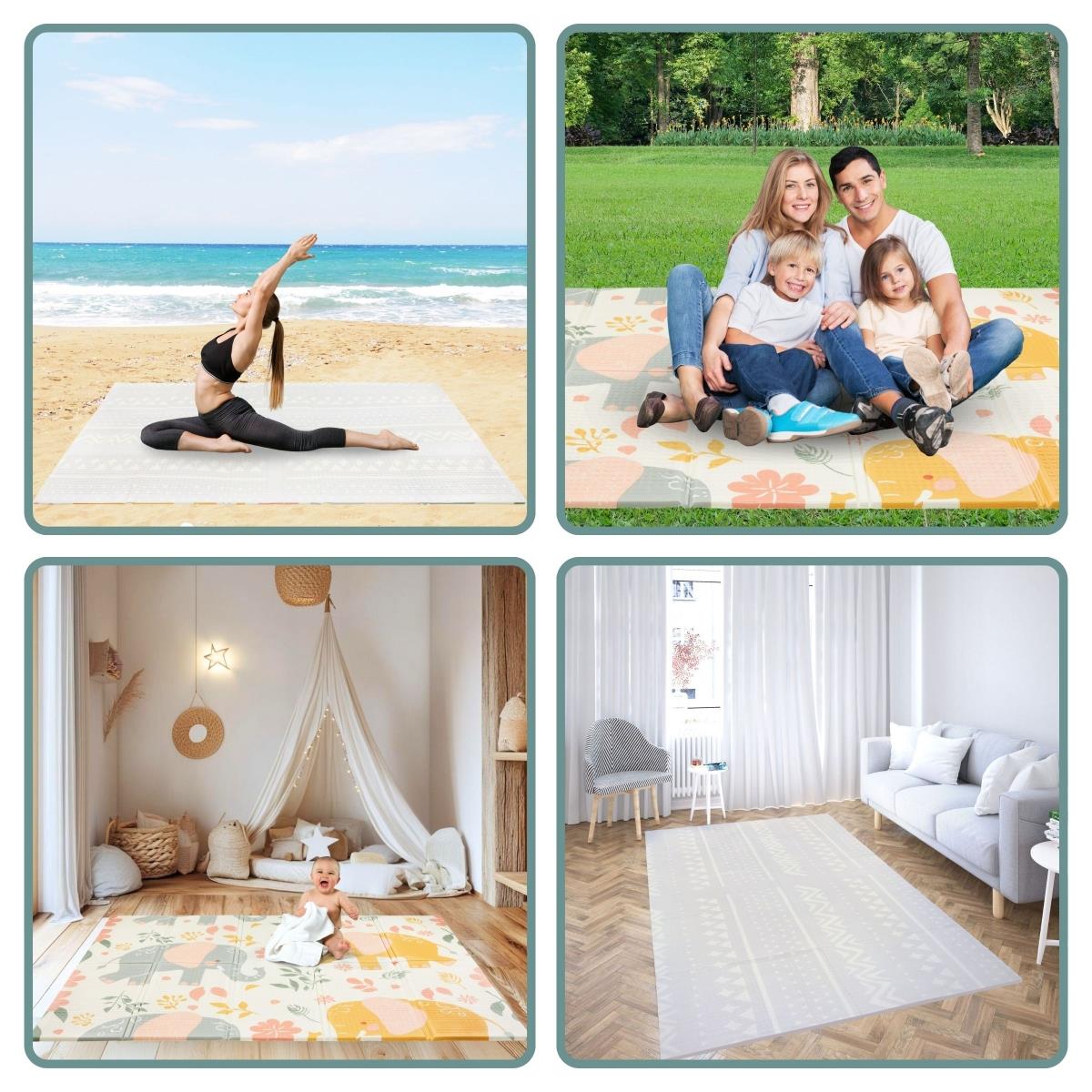 Dobbeltsidet foldbar skummåtte 180 x 120 x 1 cm - Exotic Elephants/Delicate Grey