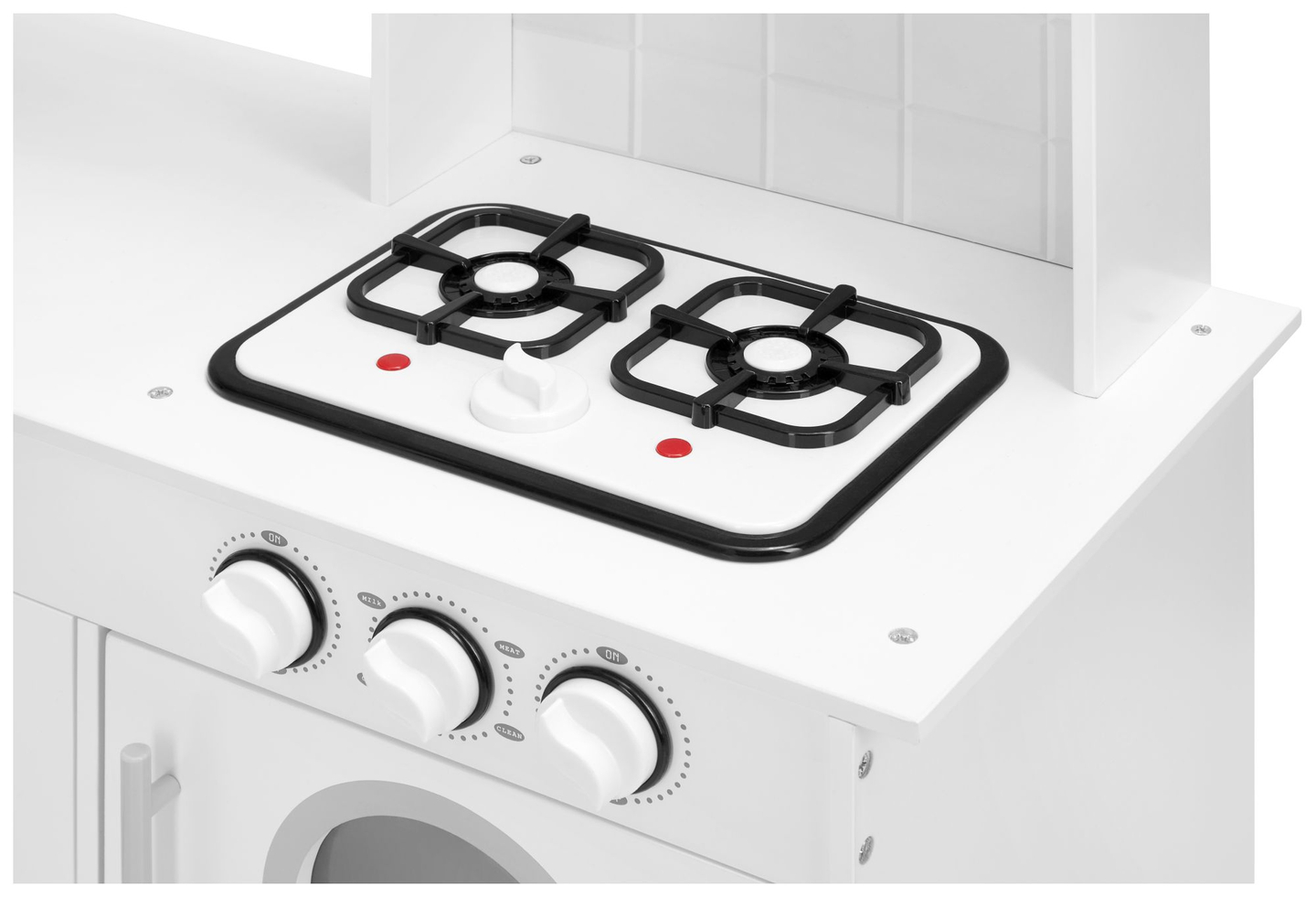 Hjørnekøkken i træ XXXL med køleskab, ovn, vaskemaskine, forklæde og tilbehør