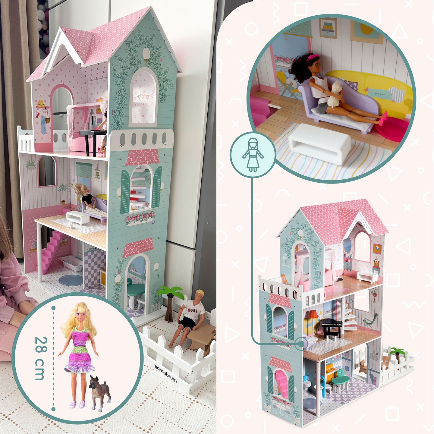 XXL Største dukkehus i træ - 123 cm - LED-belyst - terrasse, tilbehør, have