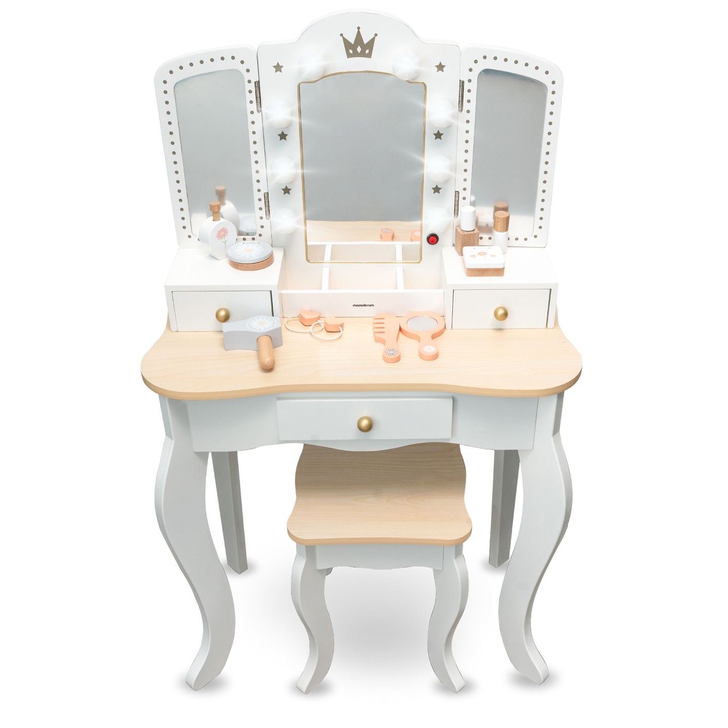 XXL toiletbord i træ med skammel og LED-belysning til børn + tilbehør