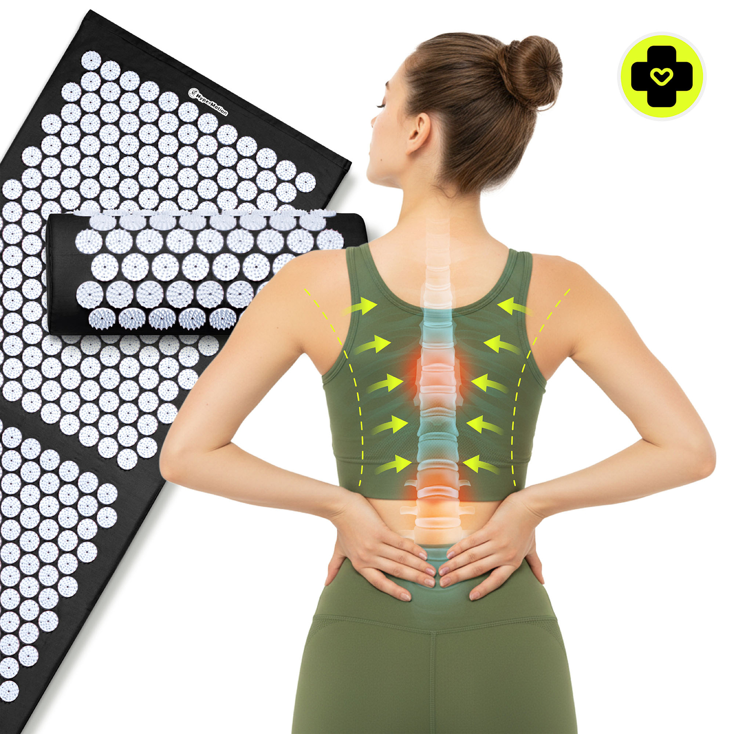 Stor akupressurmåtte med pude og betræk - 130 cm HyperMotion sort og hvid