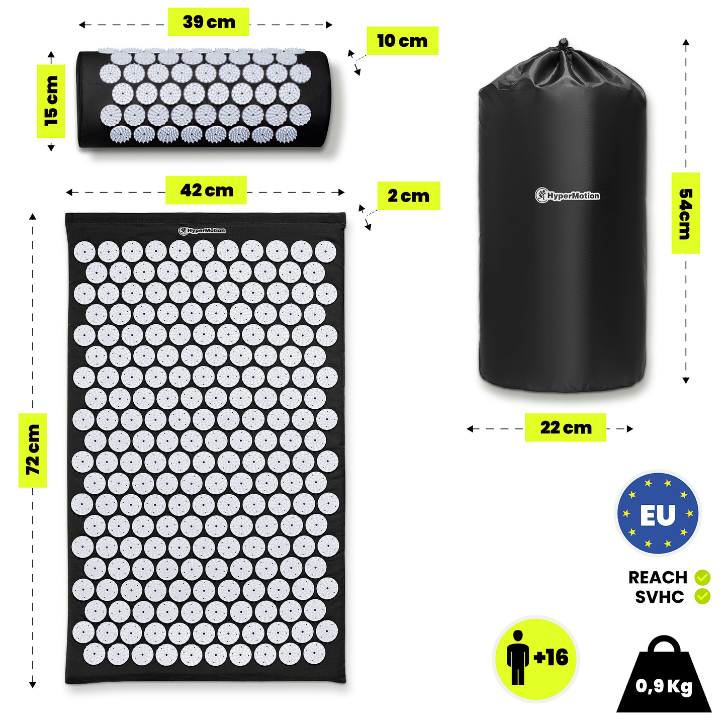Akupressurmåtte med pude og betræk - 72 cm HyperMotion sort og hvid