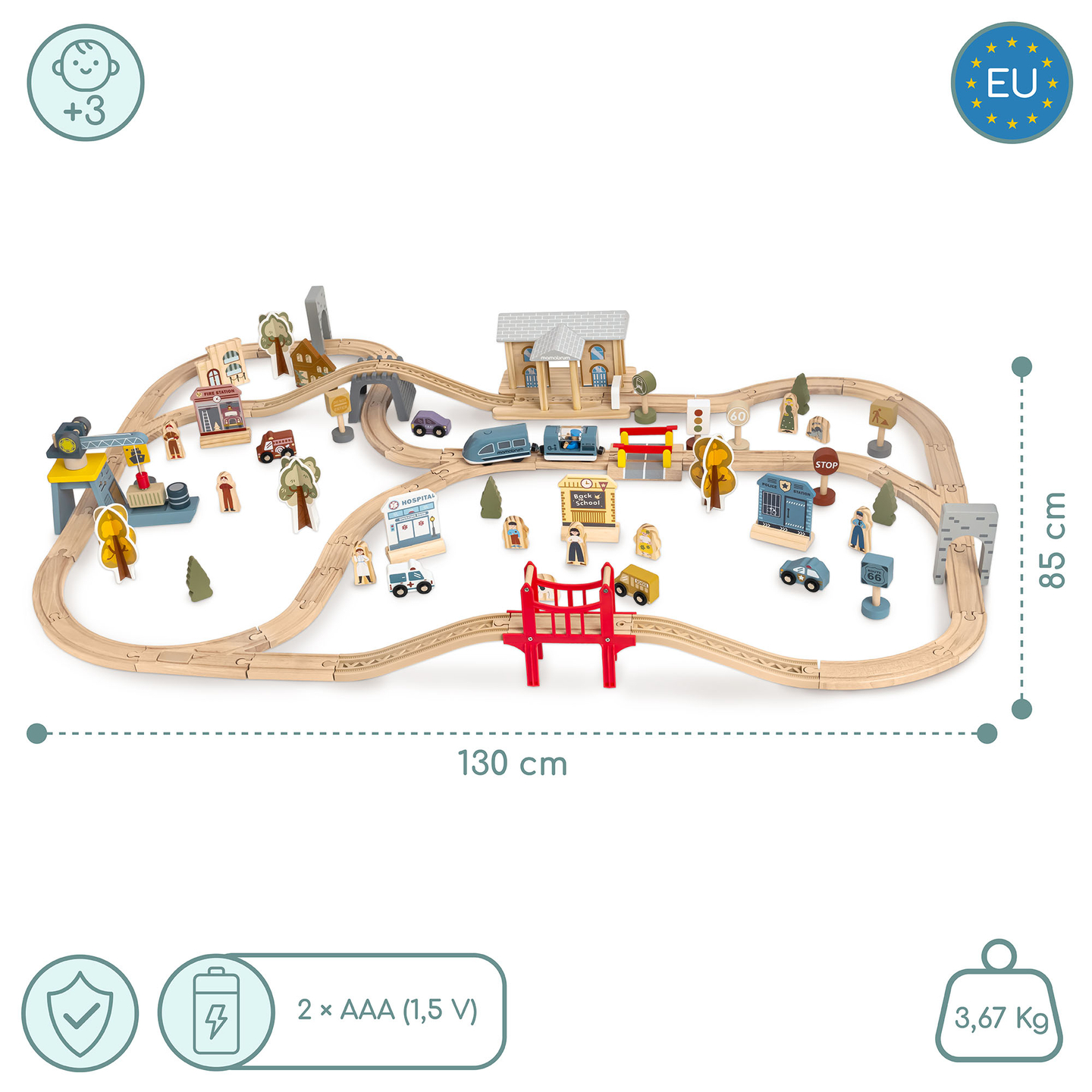 Træbane med elektrisk tog - flyttekran, skib, broer