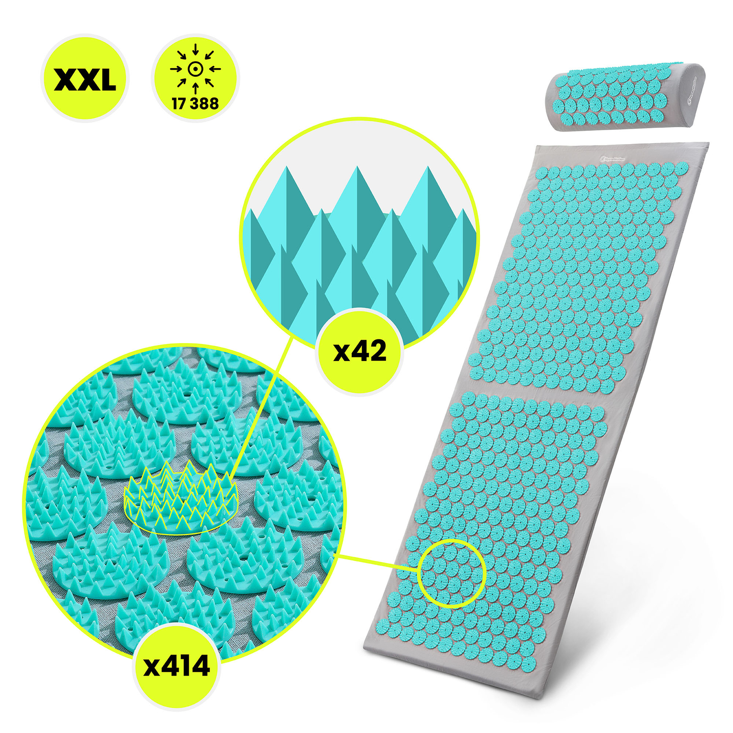 Stor akupressurmåtte med pude og betræk - 130 cm HyperMotion grå-mint